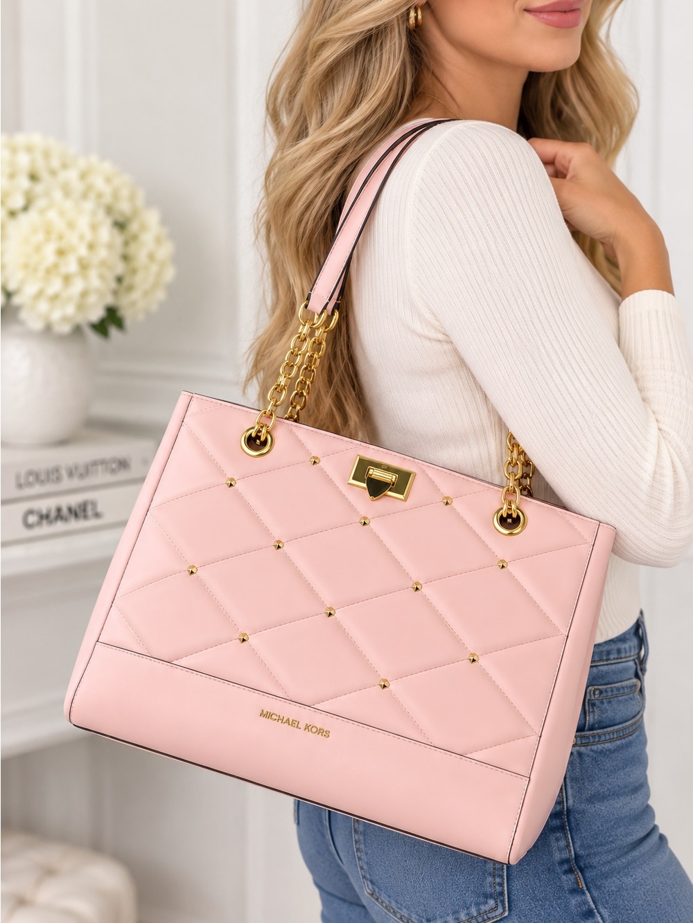 Michael Kors Pink Serena Leather Tote Large East West Powder Blush - Picture 11 of 11